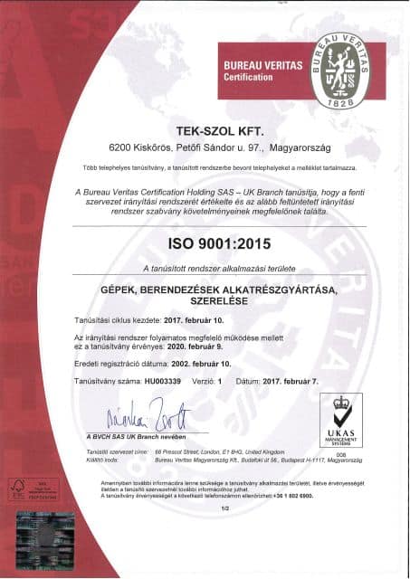 ISO 9001:2015 Tanúsítvány