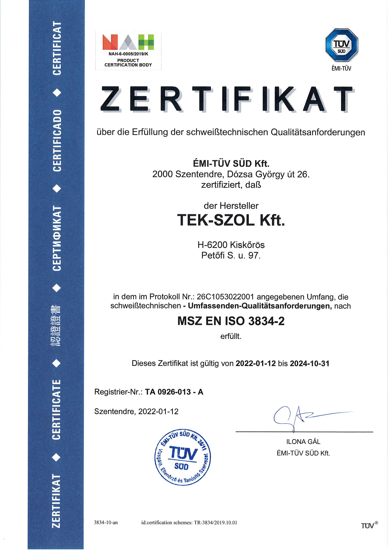 ISO 9001:2015 Tanúsítvány
